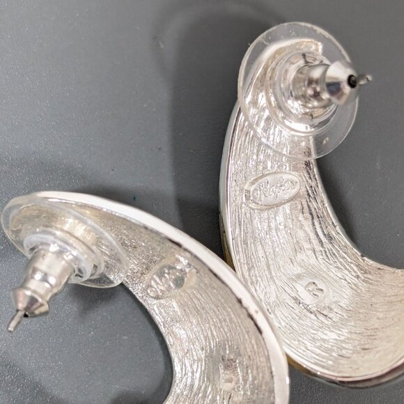 Vintage Napier Two Tone Brushed Half Hoop Drop Earrings Gold Tone - Picture 8 of 9